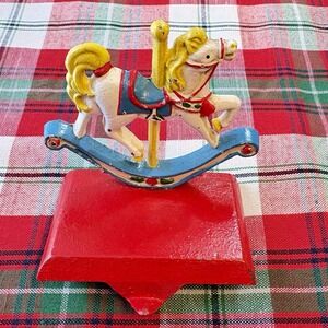 Vintage Cast Iron Carousel Rocking Horse Stocking Holder Red Base